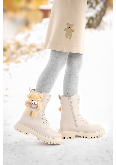 Kiko Kids 450 Ayıcıklı Fermuarlı Kız Çocuk Günlük Bot Ayakkabı Bej