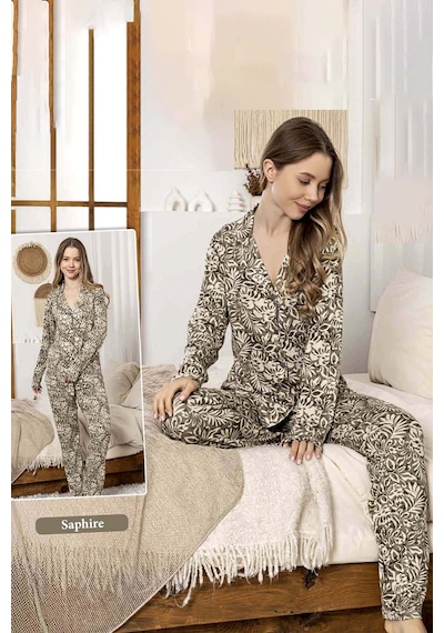 Remsa Kadın Yaprak Desen Düğmeli Saphire Pijama Takımı 0386 Yeşil Yeşil