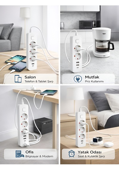 Ftr/16 3680w 16a 3 Priz, 2 Usb, 1 Type-c, 1.8 Metre Akım Korumalı