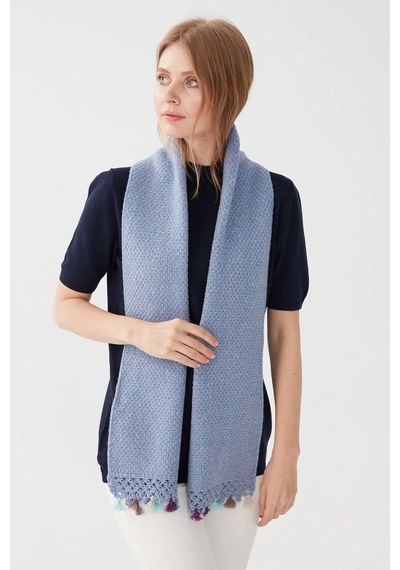 Desen Triko Kadın Kenarı Tığlamalı Püsküllü Yün Kaşkol 22033 Mavi Mavi