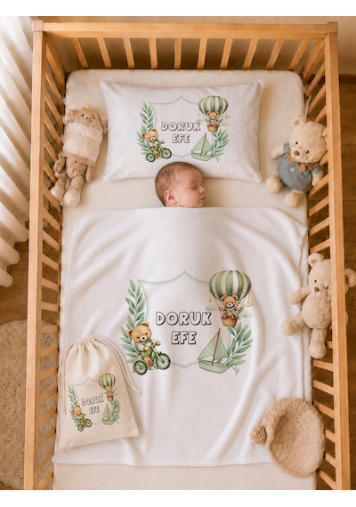 Pia Baby İsme Özel Erkek Bebek %100 Pamuk Hastane Çıkışı Tulum Şapka Eldiven Kıyafet Keseli Hediye Seti 1042tybk0x Krem