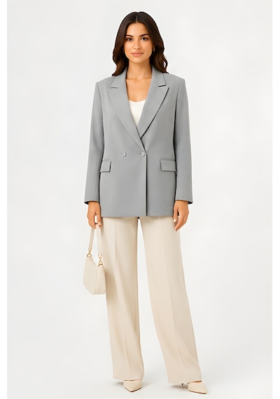 Lili Woman Kadın Kruvaze Açık Gri Blazer Ceket Çift Düğmeli, Cep Kapaklı P.3982g