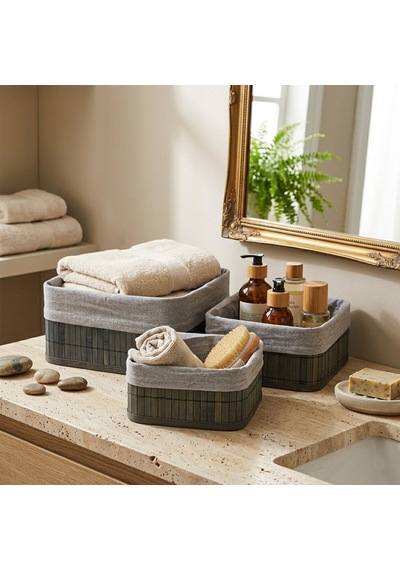 İbico İ22-328 Bambu Kenarlı Kare Organizer Sepet 3'lü Set - Gri Bezli Ahşap Altlıklı