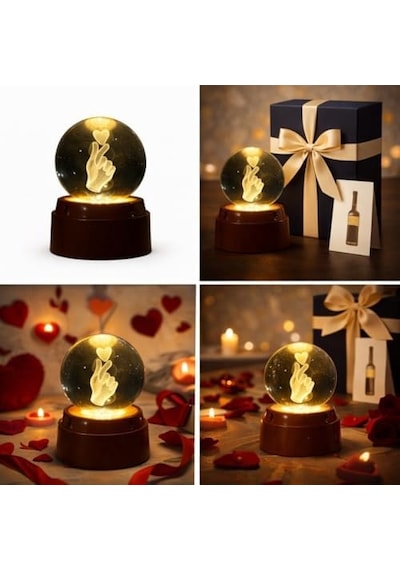 3d Kristal Küre Gece Lambası, Parmak Kalp Tasarımlı, Led Aydınlatmalı, Ahşap Tabanlı, Romantik Hediye Diğer