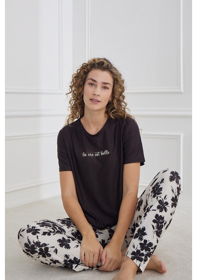 Kompedan Marla Kadın Bisiklet Yaka Pijama Takım 30102 Siyah