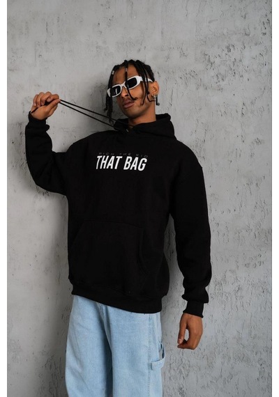 Erkek Kanguru Cepli Baskılı Kapüşonlu Sweatshirt - Siyah Çok Renkli