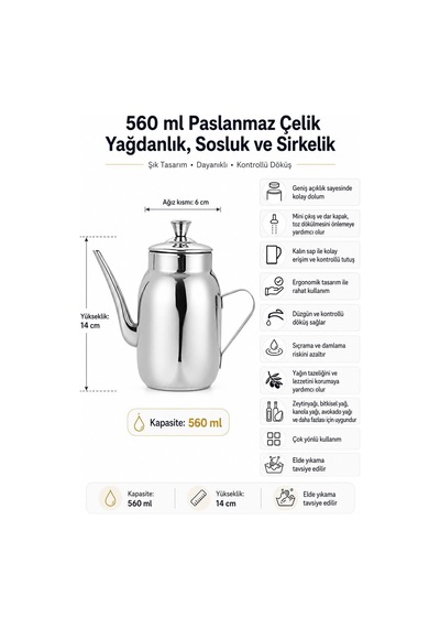Komple Çelik Ufak Gümüş Renk 560 Ml Yağdanlık Sosluk Ve Sirkelik Cin995by
