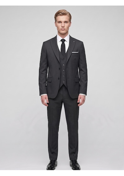 Tk6896 Erkek 3 Parça Slim Fit Çift Yırtmaçlı Takım Elbise Yelekli Şık Klasik Takım 6 Drop Siyah