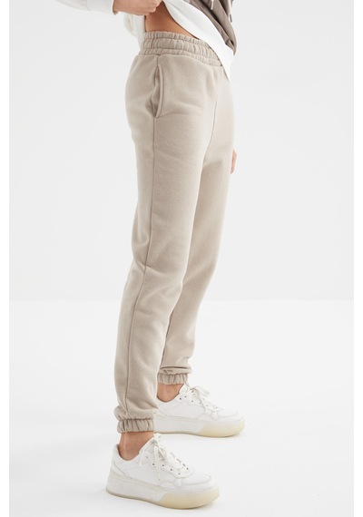 Tommy Life Koyu Bej Yüksek Bel Şardonlu 3 İplik Pamuklu Basic Kadın Eşofman Alt - 94624 Koyu Bej