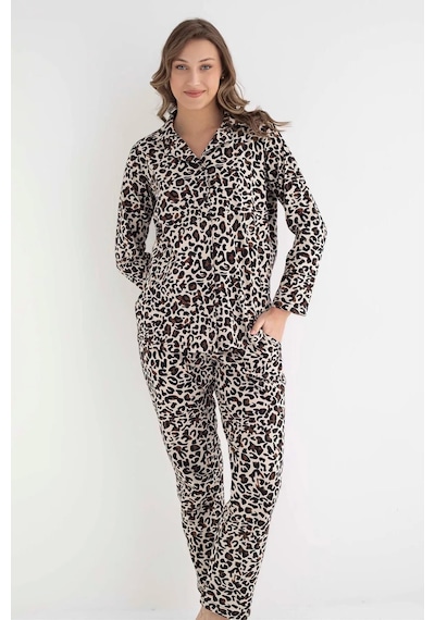 Senfoni Kadın Gömlek Yaka Uzun Kol Leopar Desenli Pamuklu Pijama Takımı 6007 -1 Adet 001