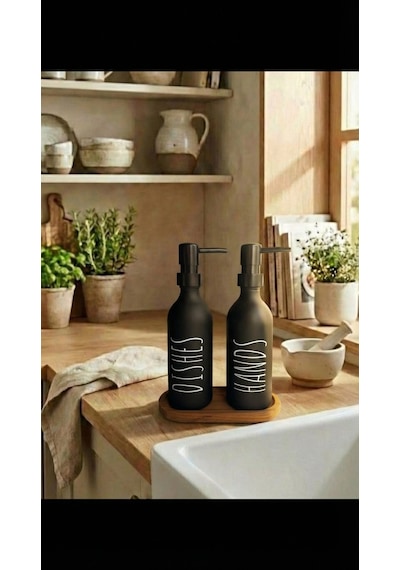 Ahşap Standlı Sıvı Sabunluk 330 Ml Mat Siyah
