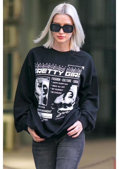Madmext Siyah Baskılı Oversize Kadın Sweatshirt Mg1923 Siyah