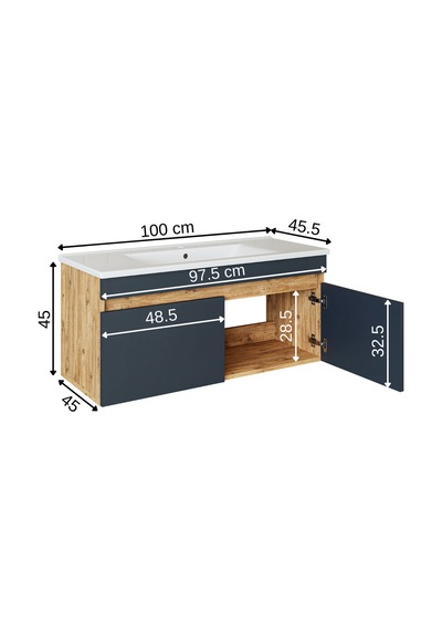 Roomart '' Lavabolu '' Atlantik- Antrasit Mdf 100cm Banyo Dolabı Atlantik Çam - Beyaz