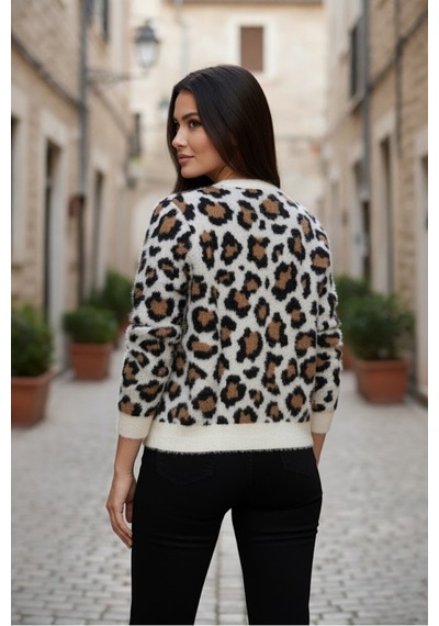 Kadın Premium Leopar Desenli Triko Bisiklet Yaka Hırka Ekru