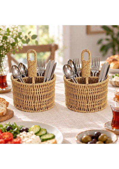 Rattan Yuvarlak Dik Bölmeli Kaşıklık -ikili Kahverengi