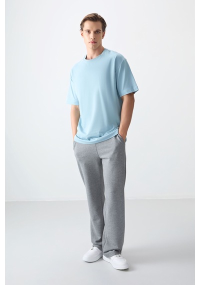 Air Jones Tommy Life Açık Mavi %100 Pamuk Kalın Yumuşak Dokulu Oversize Fit Basic Erkek T-shirt - 88353 Açik Mavi