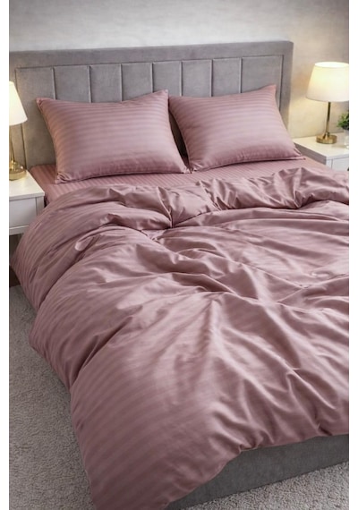 Wova Home Mauve Stripe Çift Kişilik Nevresim Takımı%90 Pamuk 83 Tel Saten Çizgili Lastikli Çarşaflı Mürdüm Nev Çok Renkli