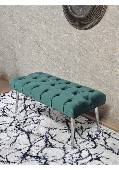 Zafir Krom Kaplama Sivriltme Ayaklı 90 Cm Puf Bench - Puf - Bench - Kasalı Oturak - Oturak - Yatak Ucu Puf Yeşil