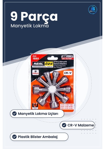 9 Parça Manyetik Somun Adaptör Lokma Takımı 5 Mm 13 Cr-v Araç Tam