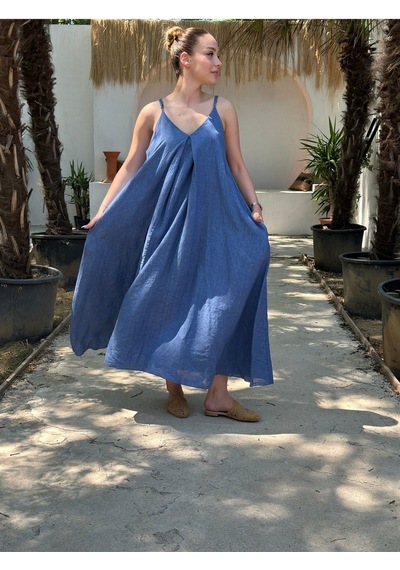 Yazlık Keten Askılı Oversize Elbise Mavi
