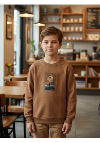 Zekids Erkek Çocuk Pamuklu Manzara Baskılı İnce Uzun Kollu Sweatshirt-16341 Kahverengi