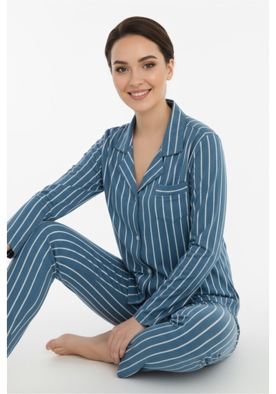 Luxury Viscose Petrol Mavi Çizgili Kadın Uzun Kollu Pijama Takımı 42552 Mavi