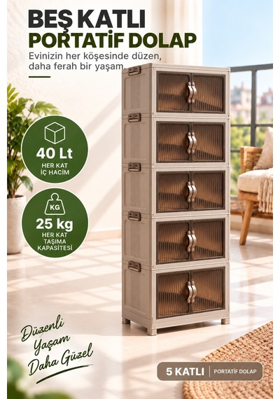 5 Katlı Portatif Organizer Dolap 200 Lt Bej