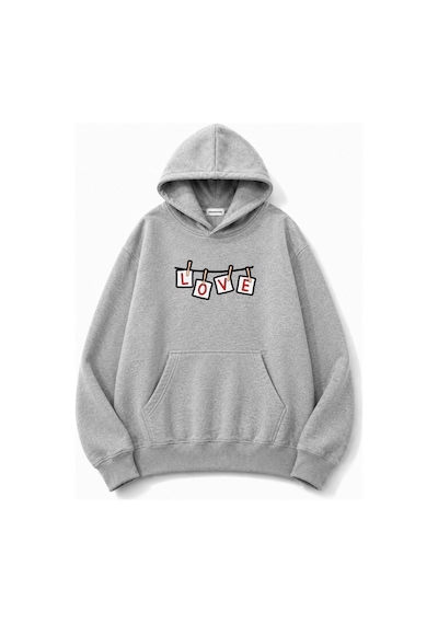 Herkesemoda Love Baskılı Kapüşonlu 2 İplik Şardonlu Sweatshirt Gri