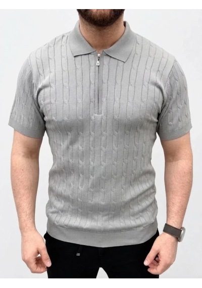 Oada Erkek Yazlık Triko Saç Örgü Tişört Kısa Kol Polo Yaka Fermuarlı T-shirt - Gri