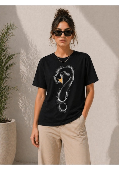Wear Vexel Kadın Kuğu Figürlü Soru İşareti Baskılı Tişört Kısa Kol T-shirt - Siyah Siyah