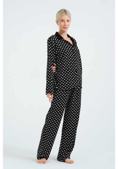 Kadın Siyah Kalp Desenli Pamuklu Uzun Pijama Seti Yumuşak Ve Rahat Ev Giyim