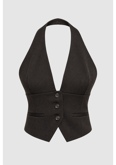 Thalure Kadın Kahverengi Halter Yaka Düğmeli Crop Yelek