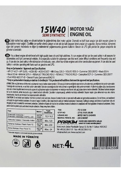 15w40 4lt Semi Synthetic Motor Yağı Engine Oil