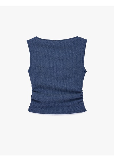Koton Büzgülü Kayık Yaka Slim Fit Bürümcük Kolsuz Bluz Mavi 6sal30170ık