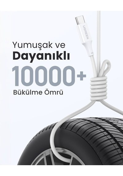 Ugreen Usb-c 100w 3a Qc Pd Silikon Örgülü Hızlı Şarj Kablosu, 1 Metre, Beyaz, 15267