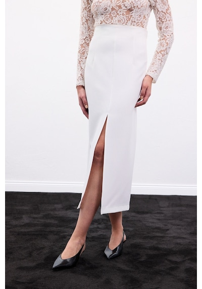 Sateen Yırtmaçlı Midi Etek - Ekru-136987 Ekru