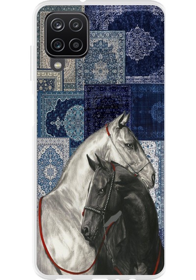 Samsung Galaxy A22-m22-m32 Uyumlu Mavi Kilim Desenli Siyah Ve Beyaz At Baskılı Silikon Kılıf Renkli