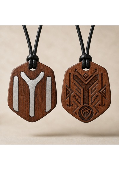Kayı Boyu İyi Sembol Çift Taraflı Ahşap Metal Döküm Kolye - Unisex 011 - Kahverengi
