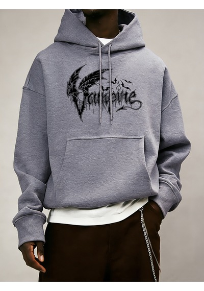 Startmore Startmorevampir Yarasa Kanatları Desen Erkekler Temel Tüm Maç Hoody Gevşek Polar Elbise Rahat Cep Kaza Gri
