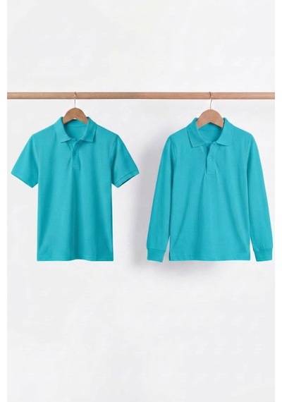 Nacar Store Unisex Çocuk Uzun Ve Kısa Kollu Polo Yaka Okul Tişörtü 2'li Set Turkuaz