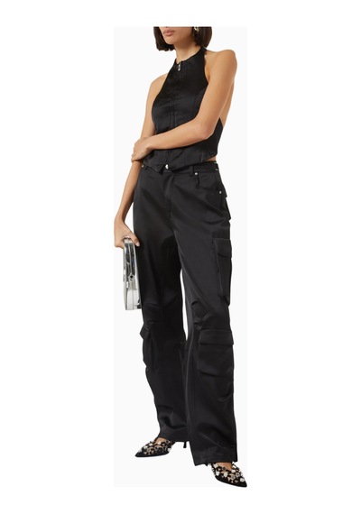 Maniere De Voir Emilie, Satin Geniş Paça Cargo Pantolon, Lüks Ve Fonksiyonel Tasarım Siyah