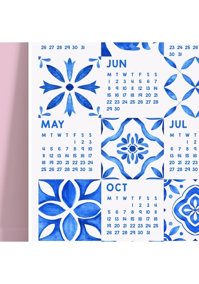 2027 Azulejo Duvar Takvimi Portekiz Mavi Karo Sanatı Suluboya Akdeniz Desenleri