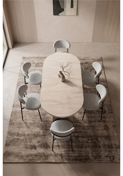 Hopilon Traverten 90x168 Mdf Masa, Mdf X Ayak, Metal Polo Sandalye, 6 Kişilik Mutfak Masası Takımı Ve Yemek Masası Takımı Gri