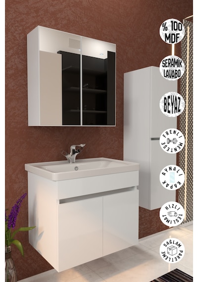 Makbulce Tokyo Havlu Dolaplı 65cm Seramik Lavabolu Mdf Aynalı Banyo Dolabı Beyaz Makbulce Tokyo Havlu Dolaplı 65cm Seramik Lavabolu Mdf Aynalı Banyo Dolabı Beyaz