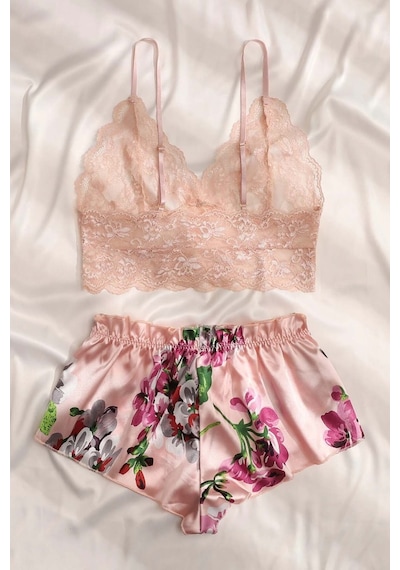 Merry See Dantel Büstiyerli Çiçekli Sütyen Şort Pijama Takımı Çok Renkli
