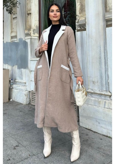 Bej Çift Taraflı Kruvaze Yaka, Kuşaklı, Yumoş Dokulu, Duble Kaşe Uzun Ceket Vizon