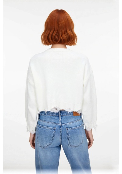 Ersefa Kadın Casual Crop Oversize Bisiklet Yaka Triko Kazak Düşük Kol Ak Ekru