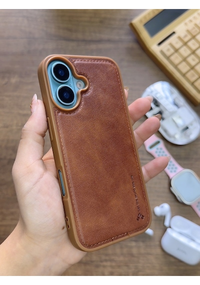 Apple iPhone 16 Uyumlu Premium Deri Dokulu Darbelere Karşı Dayanıklı Nazal Silikon Kılıf Kahverengi