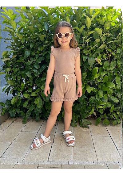 My Kids Wear Fırfırlı Kız Çocuk Şort Takım Bej