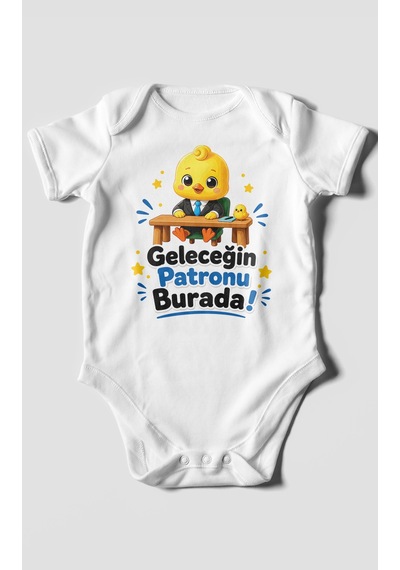 Morivokids Geleceğin Patronu Burada Kısa Kollu Bebek Body %100 Pamuk Beyaz
